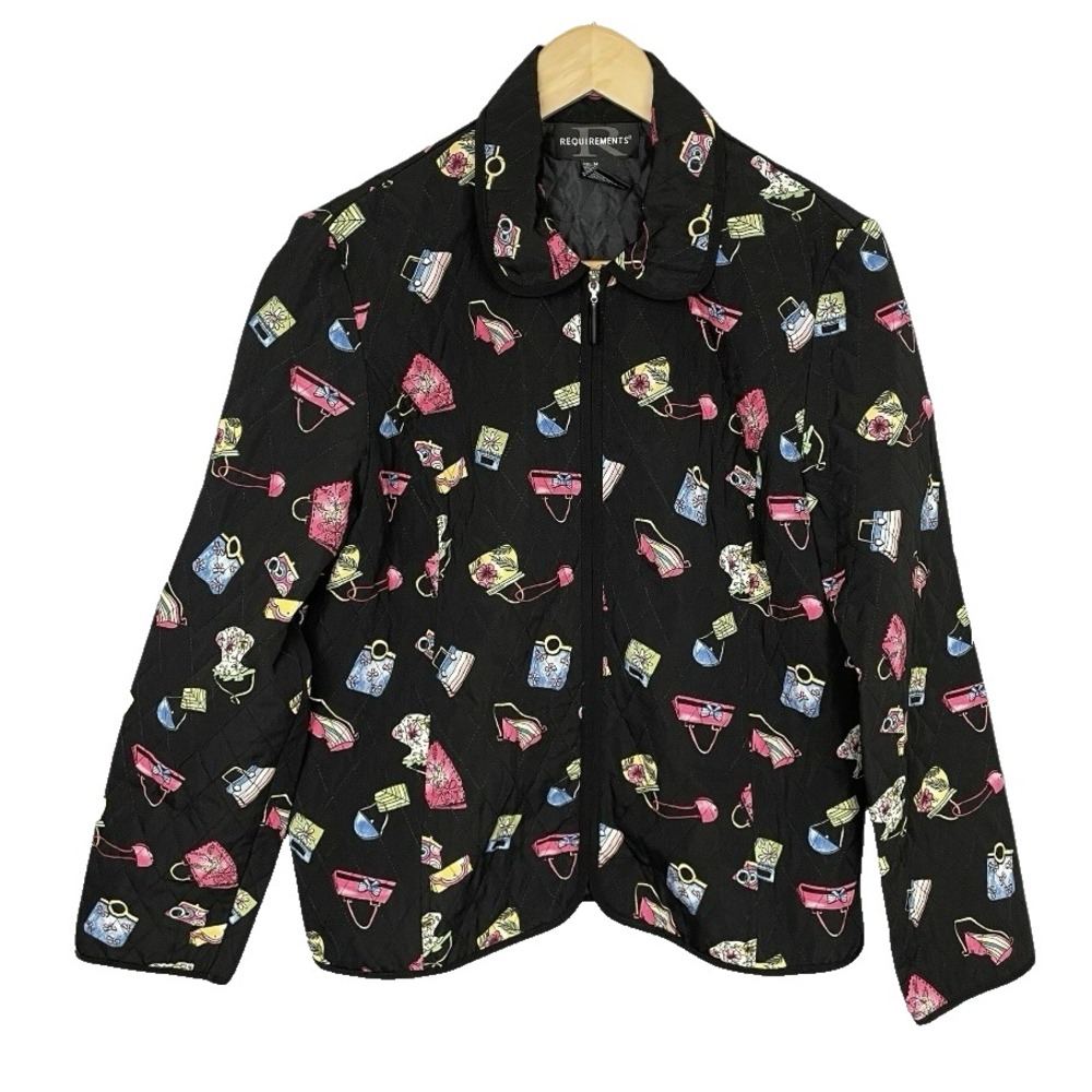 Vintage Black Pink Quilted Handbag Print Jacket Women M Whimsical Maximalist 90s
